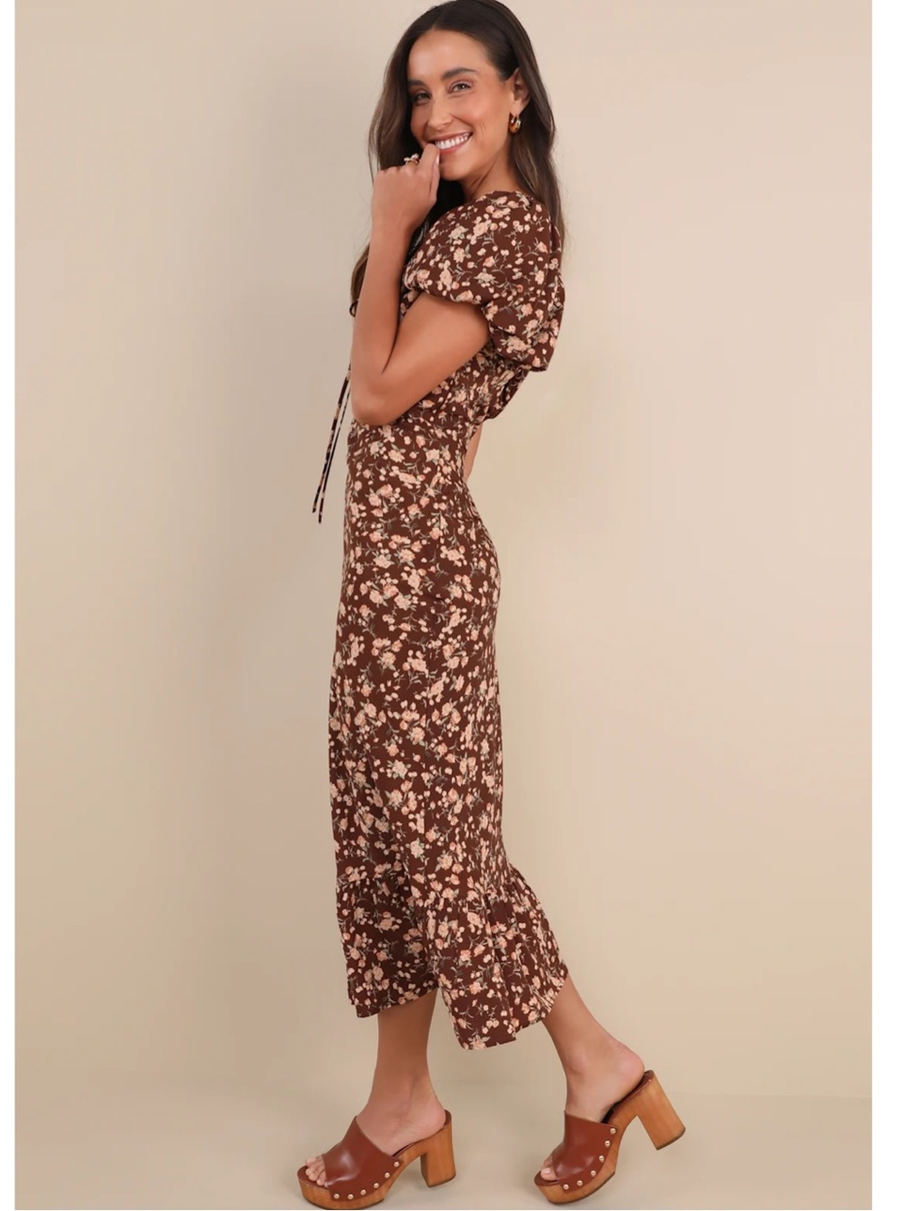 Lulus Remarkably Flourishing Brown Floral Puff-Sleeve Midi Dress Medium Event - Picture 3 of 15